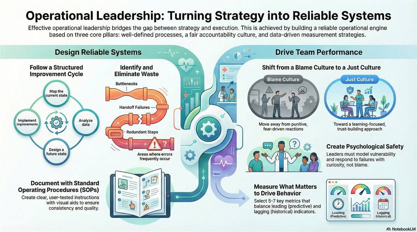 Operational Leadership overview: three pillars of design reliable systems and drive team performance, covering process improvement, just culture, and measuring what matters